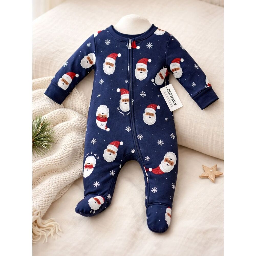NWT Old Navy Unisex Blue Holiday Christmas Pajamas Dark Face Santa - Size 3-6M